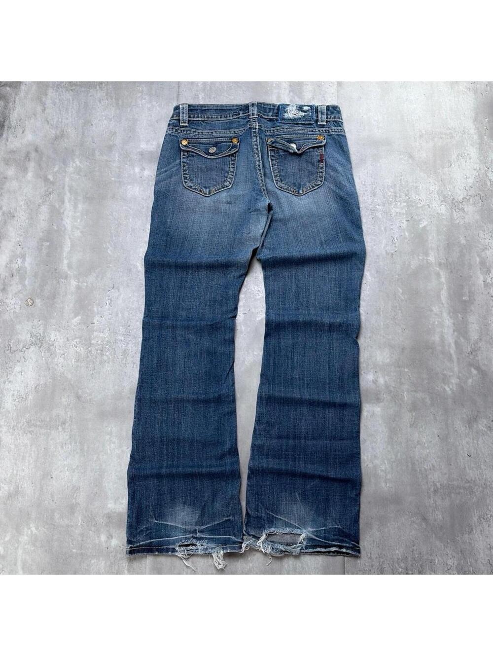 Y2K Blue MEK Denim Grunge Distressed Bootcut Denim Jeans